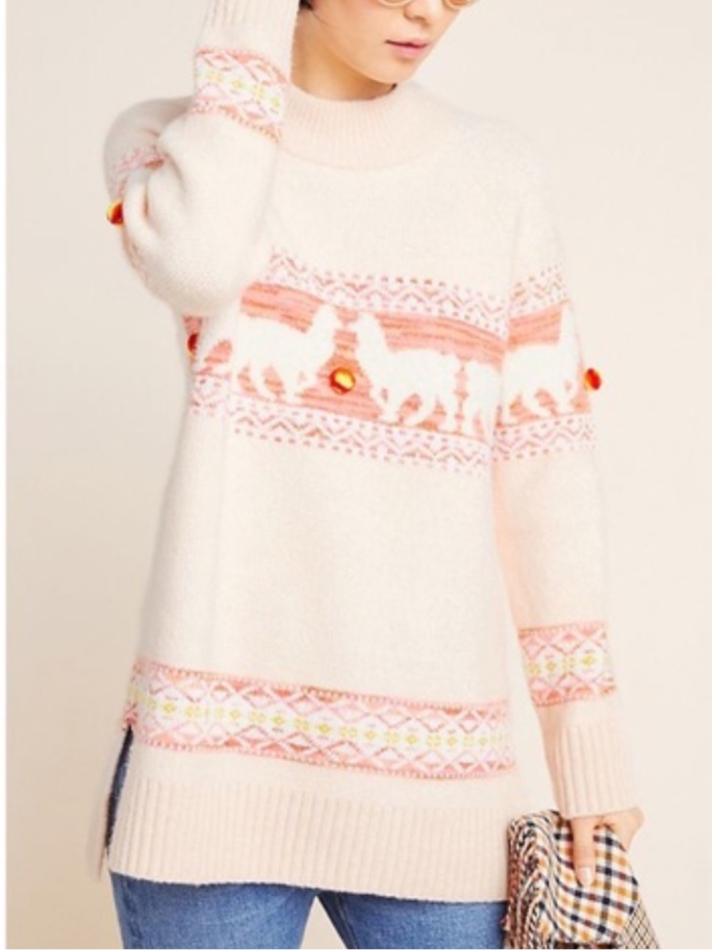 Anthropologie Cream and Soft Pink Alpaca-Yoke Crewneck Sweater